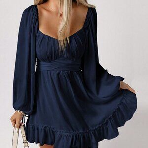 Navy Blue Casual Womens Sweetheart Neck Lantern Sleeve Ruched Bust Ruffle He…
